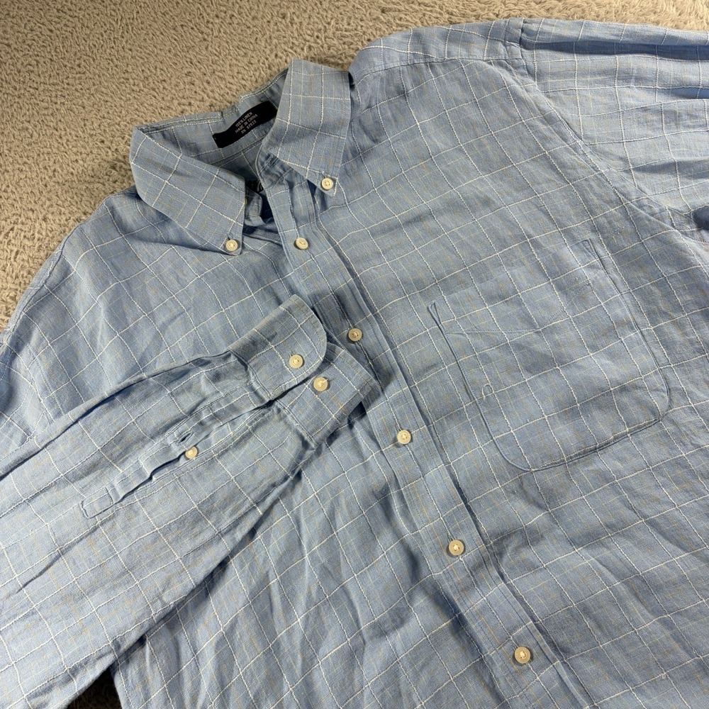 Alan Flusser Linen‎ Shirt Mens Large Blue Plaid Long Sleeve Button Up Dress